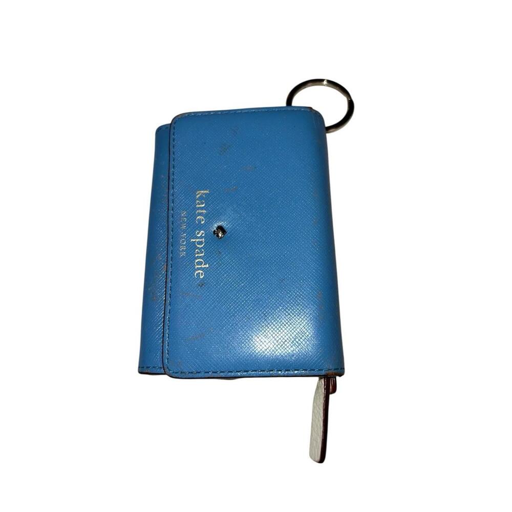 SOLD Kate Spade Blue Leather Keychain Wallet Polka Dot Interior Women's One Size - Picture 1 of 10